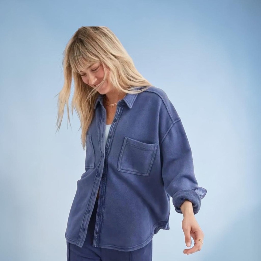 Aerie Shacket Women Medium Blue Fleece Button Down Shirt Jacket Oversized Pocket